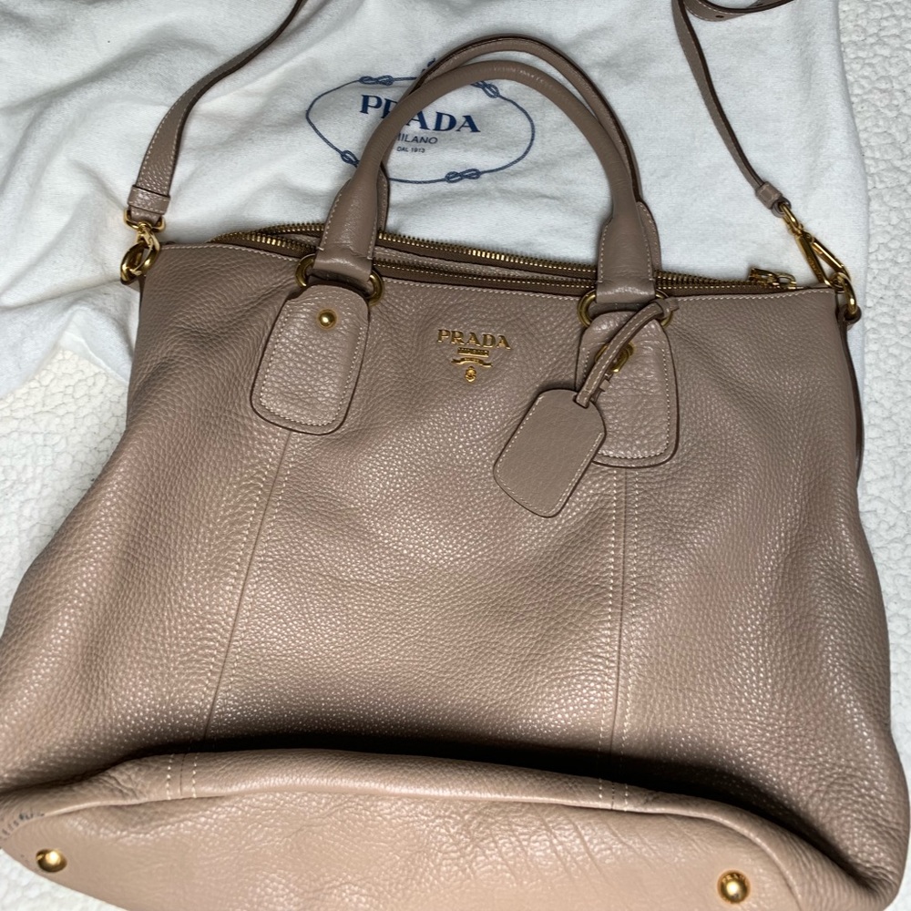 Prada AUTHENTIC tan calf leather large crossbody
